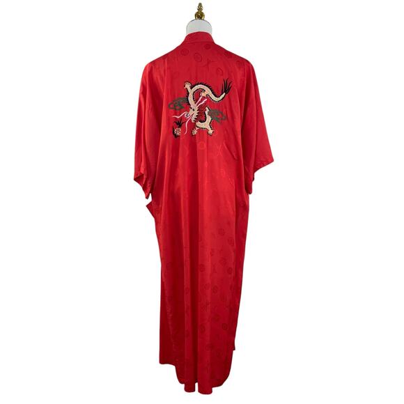 Vintage 70s Boho Red Silk Embroidered Dragon Unisex Kimono Robe Size M - Picture 6 of 15